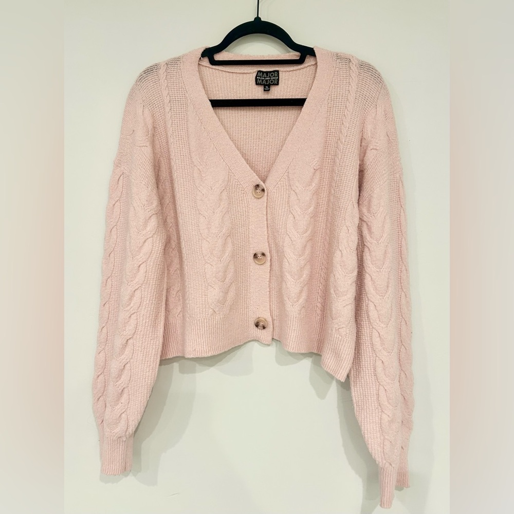 Women's Soft Pink Cable Knit Cardigan Sweater Size XL